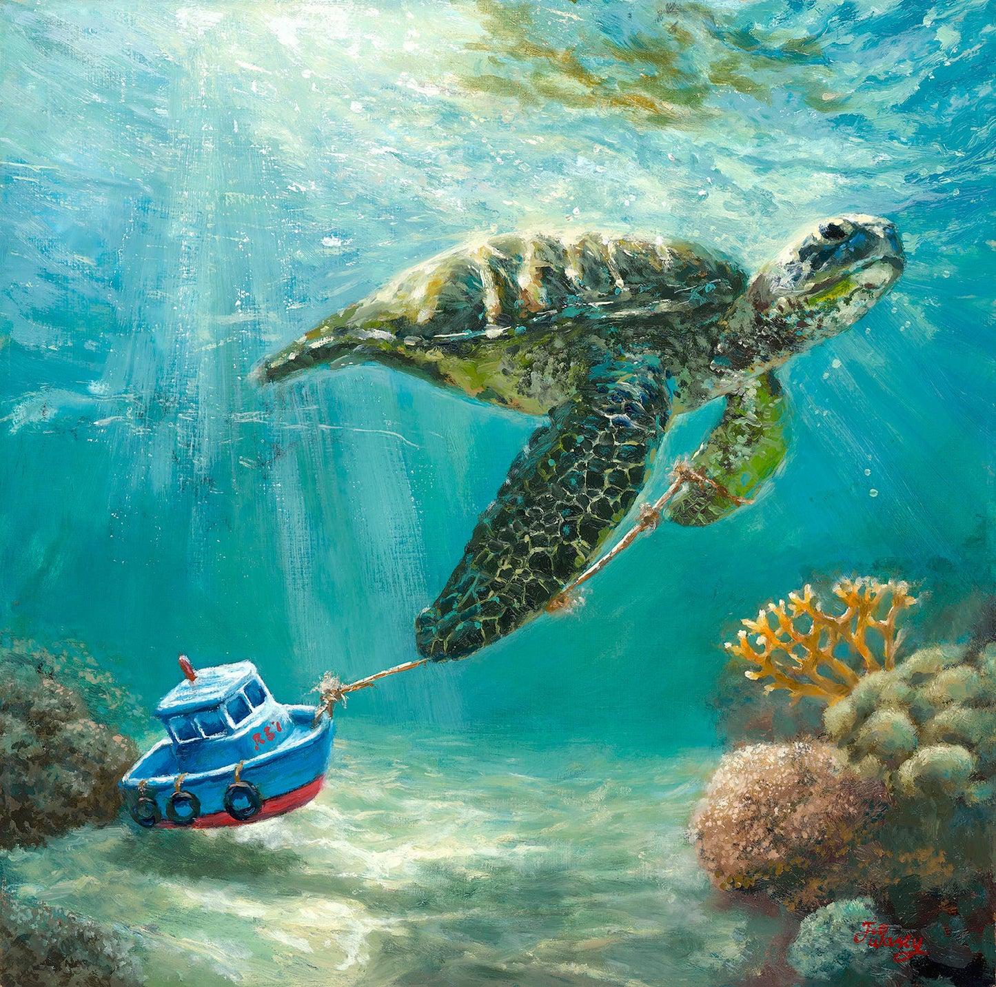 Ocean Hitchhiker - Original Oil Painting (Framed, 12x12")